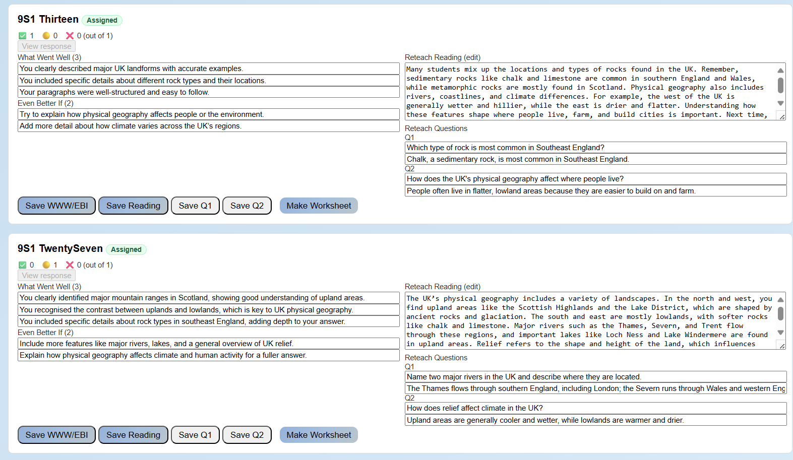 Overview of Fast Feedback's typed response feedback panel showing WWW, EBI, reteach content, and reteach questions.