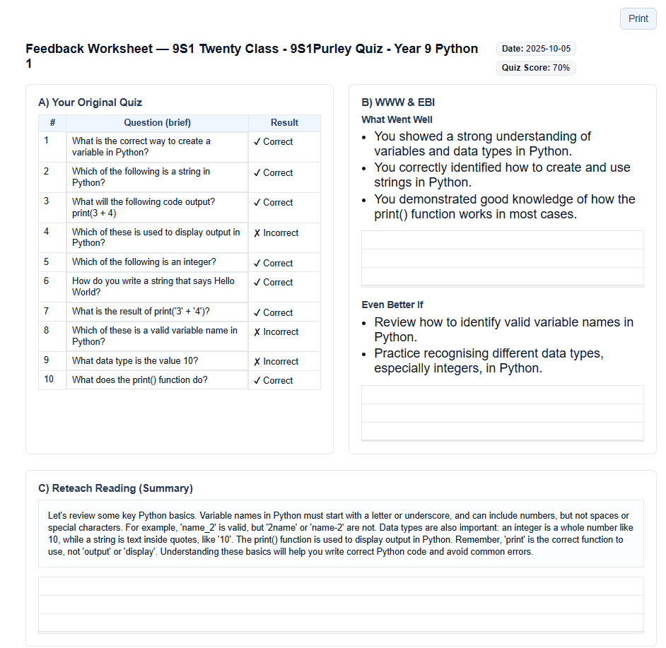 Example of Fast Feedback multiple choice feedback sheet showing WWW/EBI and reading task